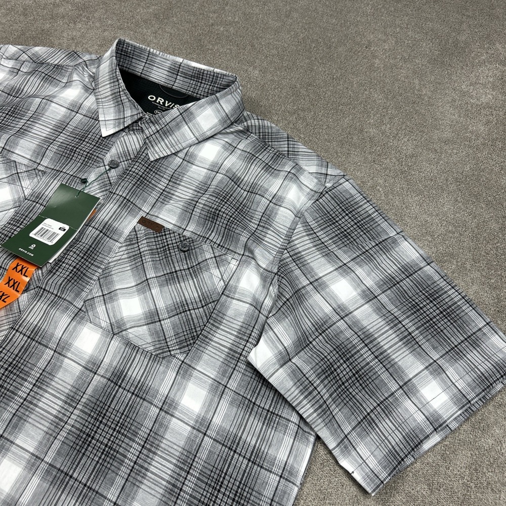 NEW Orvis Short Sleeve Tech Shirt Mens 2XL Gray Plaid Button Up UPF 30 Stretch